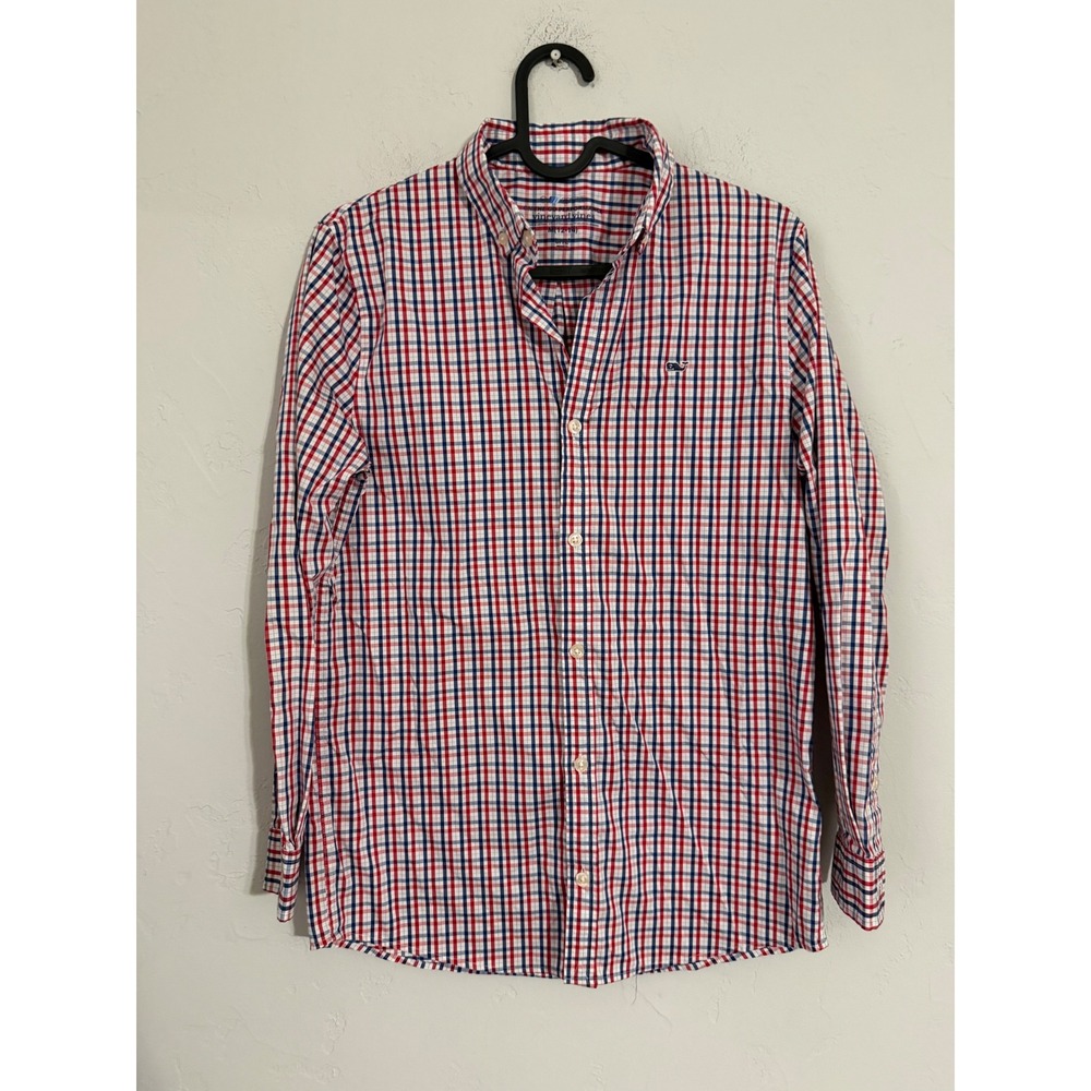 Vineyard Vines Boys Red White Blue Plaid Performance Button Down Shirt M 12-14
